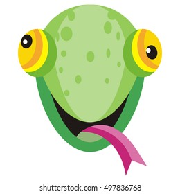 Lizard cartoon sticker. Widespread squamate reptile happy face. Funny sticker icon for children. Wildlife educational concept. Mask for masquerade, holiday, festival, halloween. Vector illustration