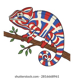 Lizard chameleon with unique red white and blue striped skin resting on wooden branch isolated on white background.