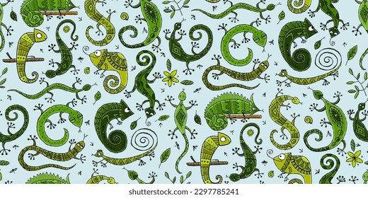 Lizard characters, jungle animal. Chameleon seamless pattern for your design