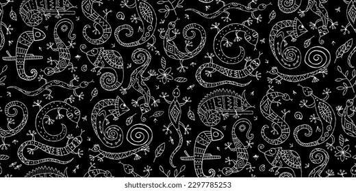 Lizard characters, jungle animal. Chameleon seamless pattern for your design