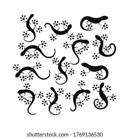 Lizard climbing balck silhouette icon set isolated on white background. Monochrome raeptile tattoo collection. Lizard gecko or salamander logo flat simple design vector illustration. 