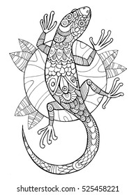 lizard coloring book for adults vector illustration. Anti-stress coloring for adult. Tattoo stencil. Black and white lines. Lace pattern
