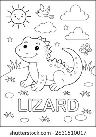 Lagarto Colorir Página para Crianças. Réptil bonito com manchas e etiqueta de palavras para diversão no jardim de infância