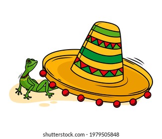 The lizard crawls out from under the hat. Mexican sombrero in cartoon style. Vector illustration.