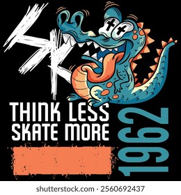 Lizard or crocodile with tattoo style with tongue out surfing on the beaches of California, travel texts, crowded numbers and big waves in textures.