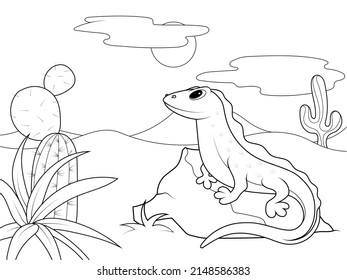 Lizard in the desert sits on a stone. Children coloring book.