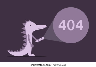 Lizard, dinosaur or crocodile with electric torch in darkness. 404 error and web page problem concept. EPS 8 vector illustration, no transparency