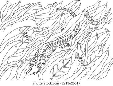 Lizard in the grass coloring page , hand drawn for relaxation and stress relief. Coloring book for adults with doodles, design elements.