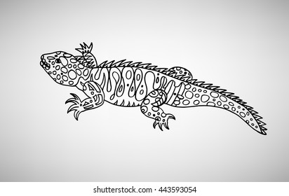 Lizard. Hand-drawn with ethnic pattern. Coloring page - isolated on a white background. Zendoodle patterns. Vector illustration.