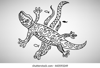 Lizard. Hand-drawn with ethnic pattern. Coloring page - isolated on a white background. Zendoodle patterns. Vector illustration.