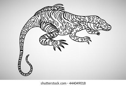 Lizard. Hand-drawn with ethnic pattern. Coloring page - isolated on a white background. Zendoodle patterns. Vector illustration.