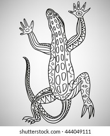 Lizard. Hand-drawn with ethnic pattern. Coloring page - isolated on a white background. Zendoodle patterns. Vector illustration.