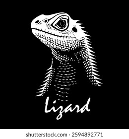 Lizard head on black background. . hand drawing. Not AI, Vector illustration.