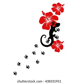 Lizard with hibiscus flowers, gecko, footprint, silhouette, vector