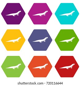 Lizard icon set many color hexahedron isolated on white vector illustration