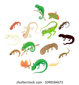 Lizard-Symbole im Cartoon-Stil auf weißem Hintergrund