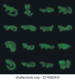 Lizard icons set. Illustration of 16 lizard vector icons neon color on black