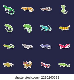 Lizard icons set stikers collection vector with shadow on purple background