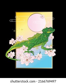 lizard illusration with japanes style background