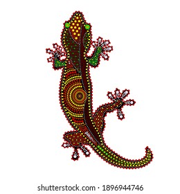 Lizard isolated on white background. Australia aboriginal lizard dot painting. Aboriginal styled lizard gecko. Decorative ethnic style. For flyer, poster, banner, placard, brochure.Vector illustration