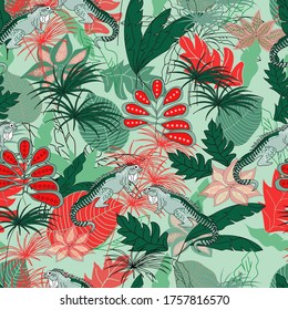 lizard in the jungle pattern seamless design. Decoration textile and paper series