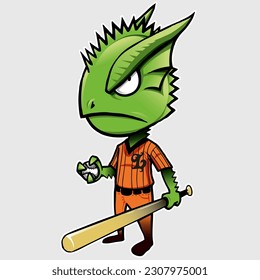 Lizard with a mean face expression mascot of a baseball team dressed with an orange uniform with black stripes holding baseball ball and bat. Sport illustration concept.