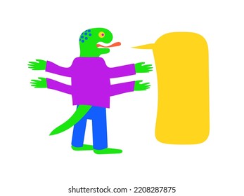 A lizard monster in a suit with four arms speaks. Vector flat drawing.