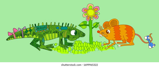 Lizard y ratón cerca de una flor
