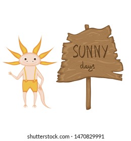 Lizard near wooden signboard with the inscription "Sunny days" in vector. Cartoon illustration