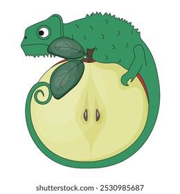 Eidechse auf dem Apfel, einzeln auf transparentem Hintergrund. Salamander mögen Früchte. Flache Vektorgrafik ideal für den T-Shirt-Druck. EPS 10 Bearbeitbarer Strich