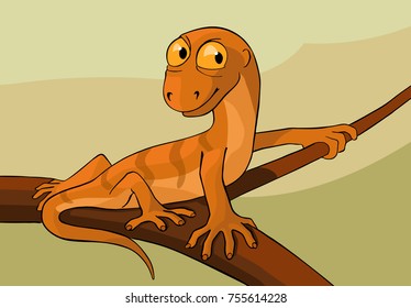lizard on a branch, vector cartoon