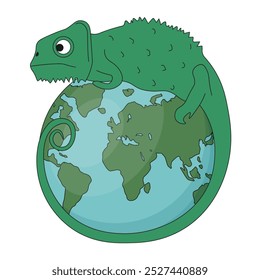 Eidechse auf dem Erdplaneten, einzeln auf transparentem Hintergrund. Salamander auf der ganzen Welt. Flache Vektorgrafik ideal für den T-Shirt-Druck. EPS 10 Bearbeitbarer Strich