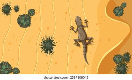 Lizard on sand surrounded by desert plants