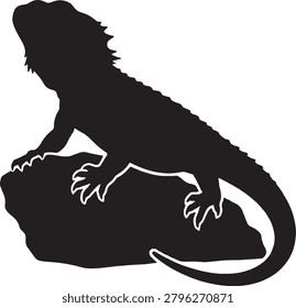 Lizard on stone silhouette, reptile pet vector graphics.