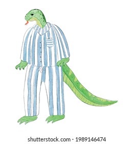 A lizard in pajamas. A hand drawn lizard is standing in a pair of striped sleeping pajamas