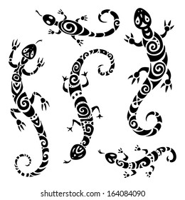  lizard. Polynesian tattoo. Tribal pattern set. Vector illustration.