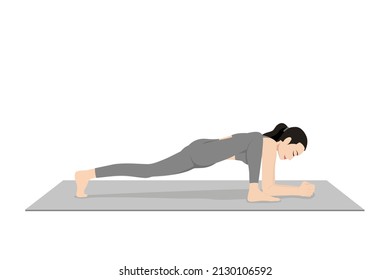 Lizard Pose, Gecko Pose. Beautiful girl practice Utthan Pristhasana. Young attractive woman practicing yoga exercise. working out, black wearing sportswear, grey pants and top, indoor full lengt