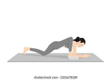 Lizard Pose Variation Foot On Block. Beautiful girl practice Utthan Pristhasana Variation Foot On Block. Young attractive woman practicing yoga exercise. working out, black wearing sportswear