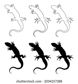 Reptile de lagarto. Silueta negra. Elemento de diseño. Ilustración vectorial aislada en fondo blanco. Plantilla para libros, pegatinas, carteles, tarjetas, ropa.