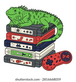 Lizard resting on colorful pile of classic video game cartridges next to modern gaming controller.