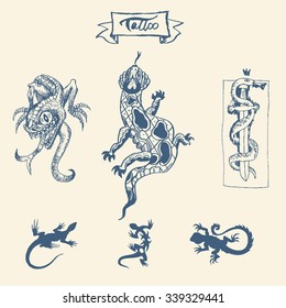 Lizard, salamander, snake. Vector set of hand drawn old school tattoo. Cartoon elements