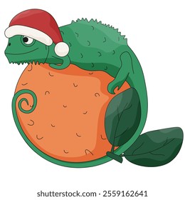 Lizard  in Santa hat on the orange isolated white backgorund. Christmas Salamander like citrus. Flat vector illustration ideal for t-shirt print. EPS 10 Editable stroke