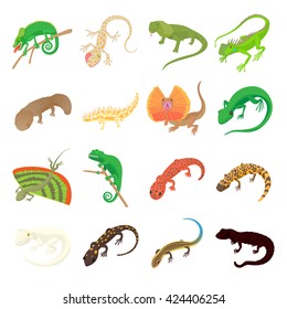 Lizard set in cartoon style. Gecko isolated on white background. Chameleon, gecko and salamander icons vector illustration