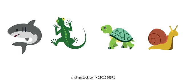 Lizard, shark, tirtle, snail vector flat icon. 