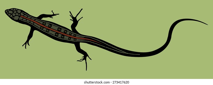 Lizard silhouette shape with colored scales on green background