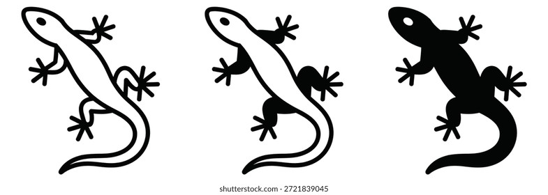 Siluetas de lagarto en varios Gradientes en blanco y negro, conjunto de icono de lagarto, silueta de salamandra sobre fondo blanco. Vector del icono del lagarto, silueta del Vector del gecko.
