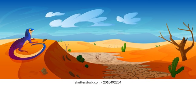 Lizard sit on dune in desert with golden sand