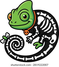 Lizard skeleton illustration, halloween reptile, green head.