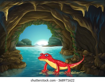 Lizard standing on water in the cave illustration