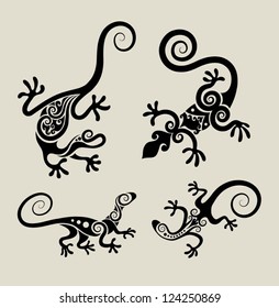 Lizard symbol floral ornament set vector. four movement black reptiles with flora decoration style. Use for tattoo, t-shirt design or any design you want. Easy to edit or change color.